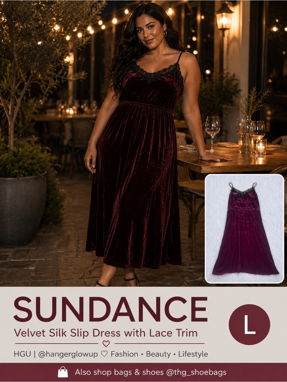 Sundance Burgundy Silk Blend Velvet Slip Dress Lace Trim Midi Large